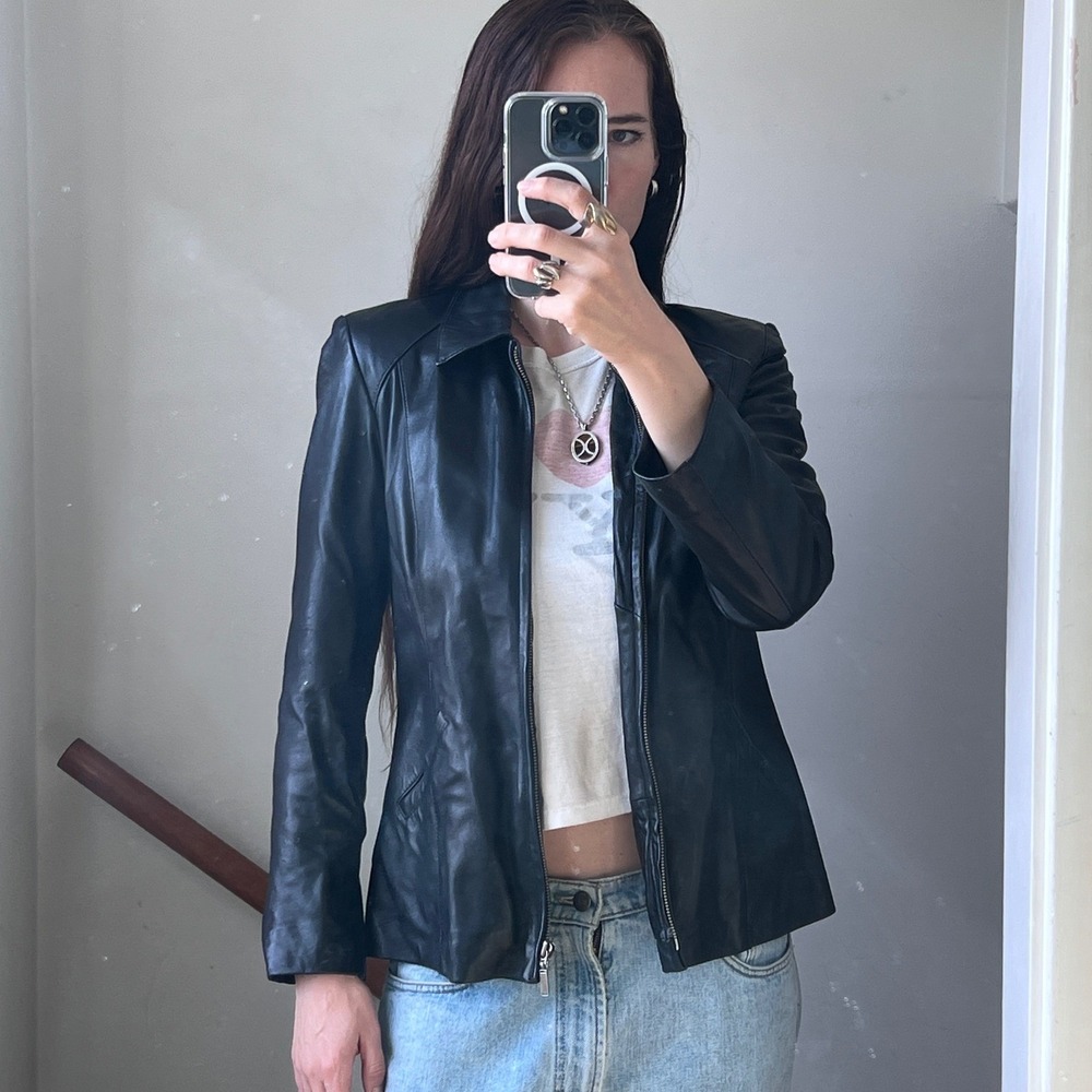 Vintage Black Leather Jacket Zip Up Sleek 90s Minimalist Biker Chic Size Small - Picture 4 of 9